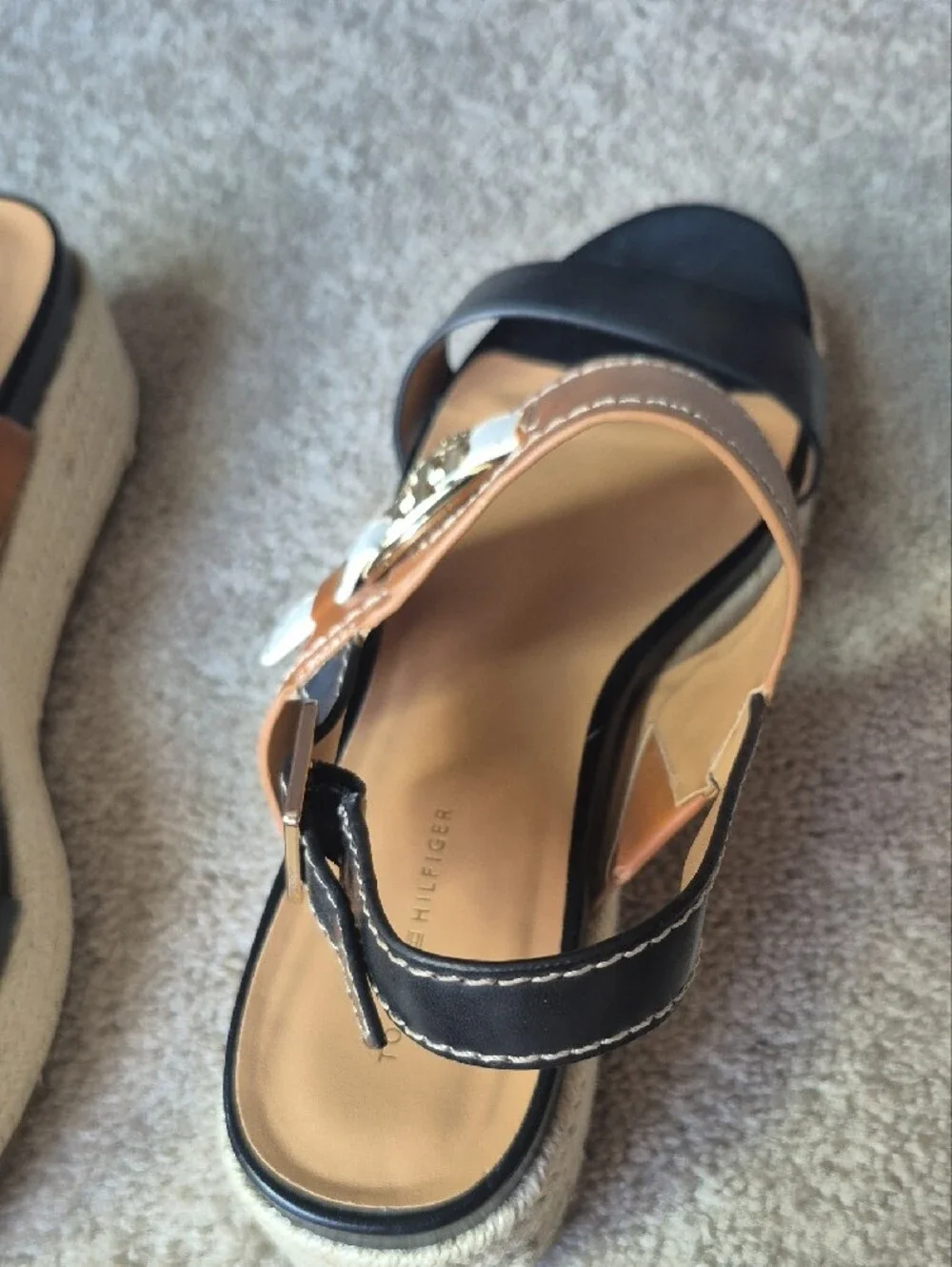 Tommy Hilfiger Two-Tone Black, Tan & White Espadrille Platform Sandals